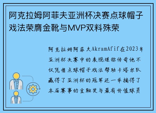 阿克拉姆阿菲夫亚洲杯决赛点球帽子戏法荣膺金靴与MVP双料殊荣 阿克拉姆阿菲夫亚洲杯决赛点球帽子戏法荣膺金靴与MVP双料殊荣